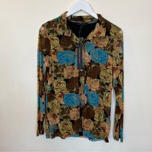 NWT Jane and Delancey Mesh Sheer Floral Button Down Blouse Collard Womens Large